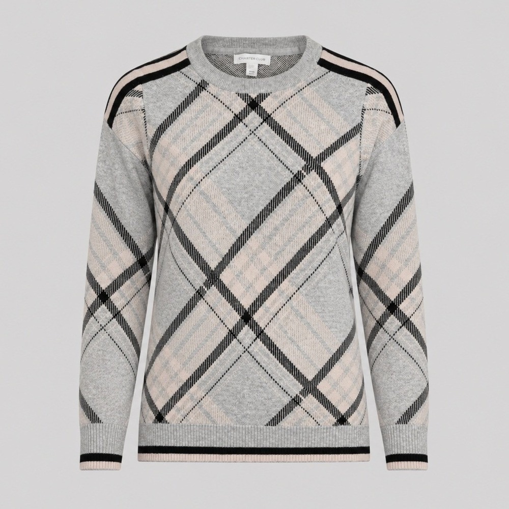 Charter Club Womens Grey Pink Plaid Crewneck Sweater Shoulder Stripe Size S